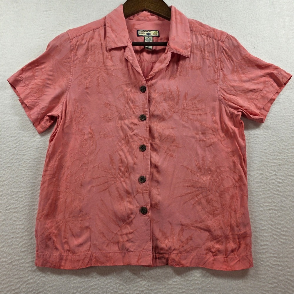Caribbean Joe Womens Medium Coral Pink Silk Rayon‎ Jacquard Palm Leaf Shirt M